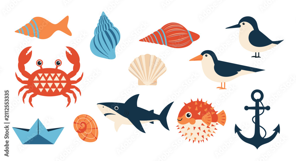 Fototapeta premium Comprehensive collection of sea life illustrations including a crab, shark, pufferfish, shells, and an anchor.