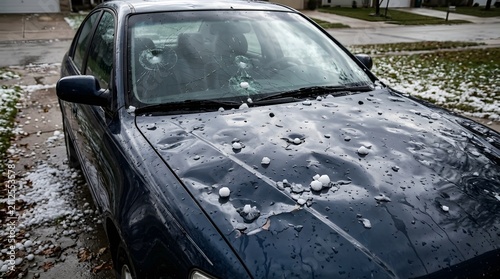 Severe hail damage on car hood after heavy storm with hailstone automotive exterior transportation disaster aftermath condition