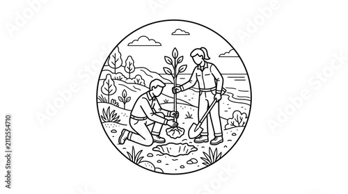Elegant Black and White Line Drawing of Two People Planting a Tree Together in a Natural Landscape