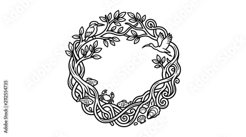 Sleek Black and White Intricate Wreath Design with Birds Fish and Marine Elements in Detailed Line Art