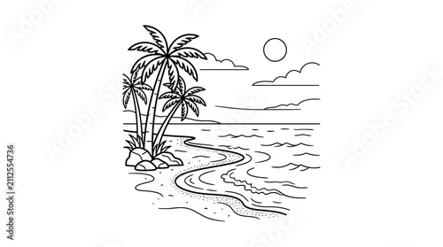 Minimalist Black and White Line Drawing of Tropical Beach with Palm Trees Waves and Sunset Moon