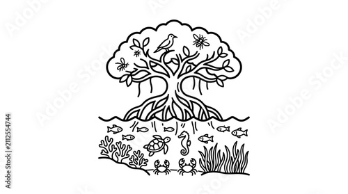 Creative Black and White of a Tree with Roots Extending into an Aquatic Ecosystem Featuring Marine Life