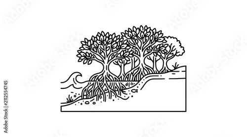 Sleek Black and White Line Art of Tree Roots Extending Over a Bench Alongside a Calm Water Body