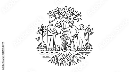 Creative Black and White Line Drawing of Family Planting Trees Together with Root System with high quality professional line art symbols for modern creative design and digital branding projects