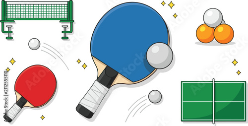Fotografía Table tennis vector set featuring blue and red ping pong paddles, net, balls, and green court table top for sports game, recreation, and tournament design