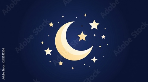 Minimalist crescent moon and glowing stars in dark night sky illustration with crescent