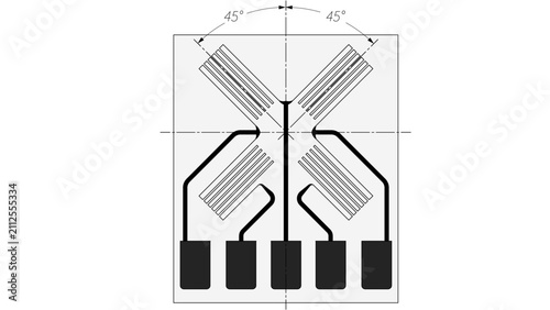 Illustration showing a shear/torque strain sensor rosette with each strain gauge 90 degrees apart