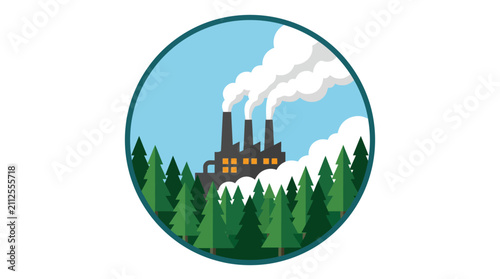 Factory emitting smoke surrounded by green forest.