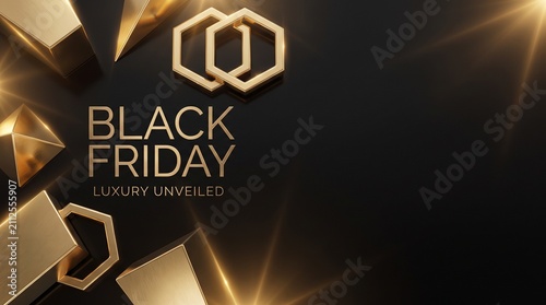 Geometric gold shapes float around Black Friday text to create a high-end luxury advertisement for premium retail sales.