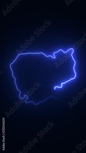 Glowing neon outline map of cambodia animation on dark background