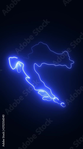Glowing neon map of croatia outline animation on dark background