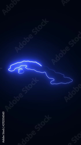 Glowing neon outline map of cuba on dark background, digital cartography motion