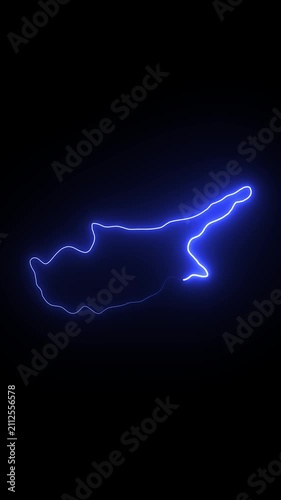 Glowing neon outline map of cyprus, abstract blue light path animation on black background, country