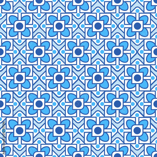 Seamless geometric floral tile pattern elegant blue ornamental shapes. Modern ornate floral mosaic white background abstract ethnic retro tribal motifs, abstract ethnic retro tribal motifs, vector