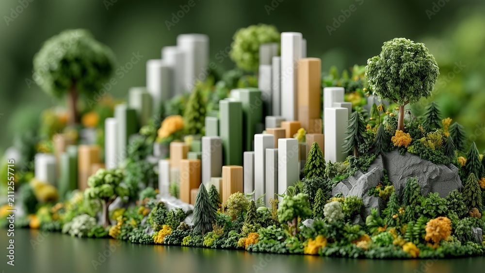 Fototapeta premium An eco-urban planning model that integrates premium financial concepts—combining ESG reporting, transparent data analysis, and sustainable wealth creation,image illustrates a sustainable investment