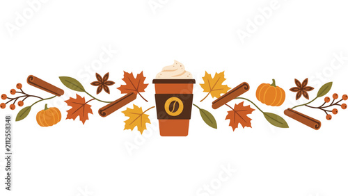 Autumn coffee border with pumpkin and leaves. Fall season beverage divider vector graphic.
