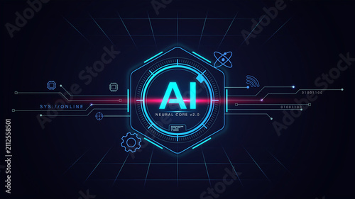 Artificial intelligence logo with digital circuit lines and futuristic hexagonal frame on dark background