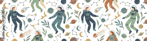 Quadro su tela Astronauts Floating Among Planets and Stars Pattern