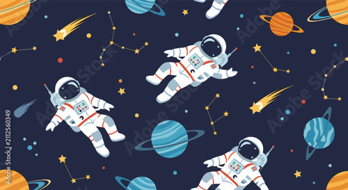 Fabulous seamless vector pattern with cute astronauts planets comets and constellations on dark blue background.
