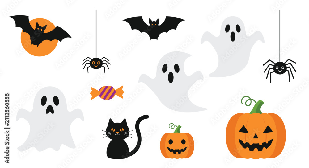 Obraz premium Diverse set of Halloween themed graphics featuring spooky ghosts, a black cat, pumpkins, bats, and cute spiders.