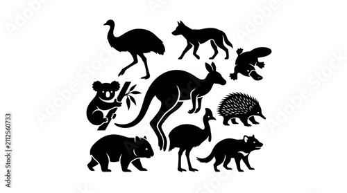 Foto Australian Animals Silhouette Collection: Kangaroo, Emu, Koala, Wombat, Platypus