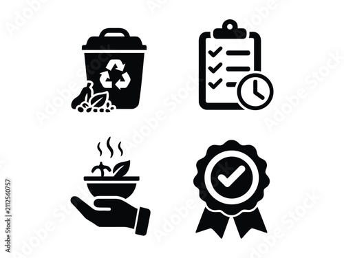 Fotografía Set of sustainable living and quality control icons including recycling bin, che