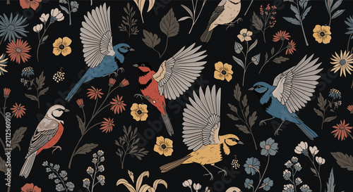 Beautiful seamless pattern featuring colorful wild birds and delicate blooming flowers over a dark black background.