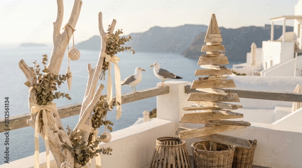 Obraz premium Seagulls perched on a railing with a rustic driftwood Christmas tree and ocean view
