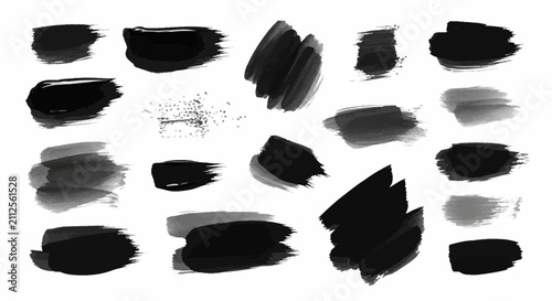 Black ink brush strokes set, hand drawn paint textures and splatters, artistic charcoal smudge collection for graphic design and digital art