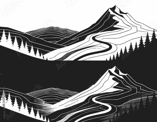 Minimalist mountain landscape vector illustration featuring sharp peaks and stylized pine forest silhouettes in black white