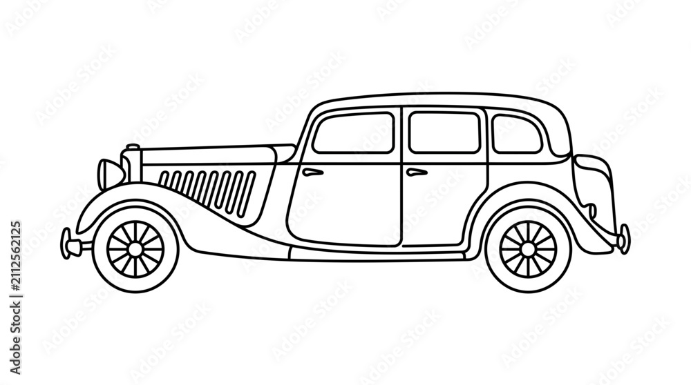 Fototapeta premium Vintage Sedan Car Illustration, Retro Automobile Outline, Classic Vehicle Line Art
