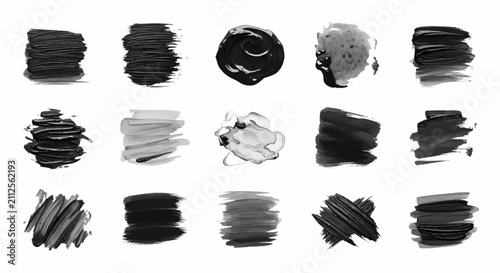 Black paint brush strokes collection, set of 15 ink texture smears and artistic swatches, monochrome acrylic dabs for graphic design and digital art