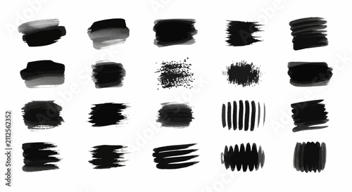 Black ink brush strokes set, 20 artistic watercolor paint textures, hand drawn charcoal smudge elements, vector ink blot collection for graphic design