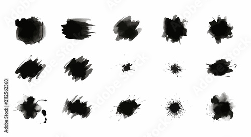 Canvas Print Black ink brush strokes and paint splatter set, 15 hand drawn watercolor blot el