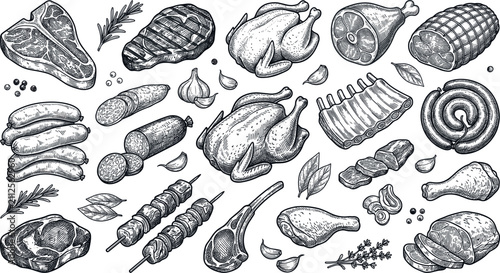 Fotografía Vintage Hand Drawn Meat and Poultry Illustration Set with Beef Steaks Ribs Chick