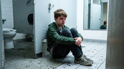 Sad young man sitting alone on bathroom floor