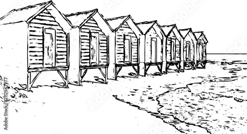 Hand drawn sketch of traditional wooden beach huts row on a sandy shore.