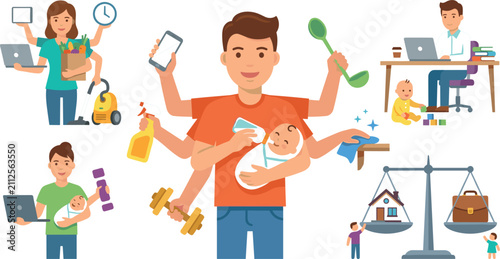 Multitasking Parents Vector Illustration Set with Work Life Balance Scale Freelance Remote Jobs Child Care Cooking and House Cleaning Concepts for Lifestyle Blogs and HR Infographics