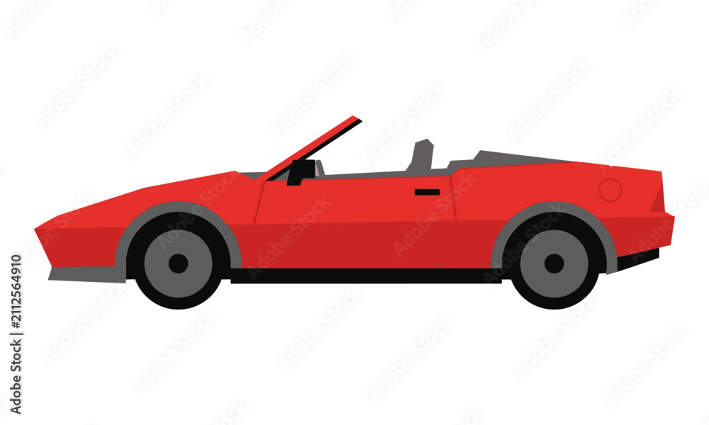 Fototapeta premium Sleek red convertible sports car in flat design, side view, isolated on white. Modern automotive concept