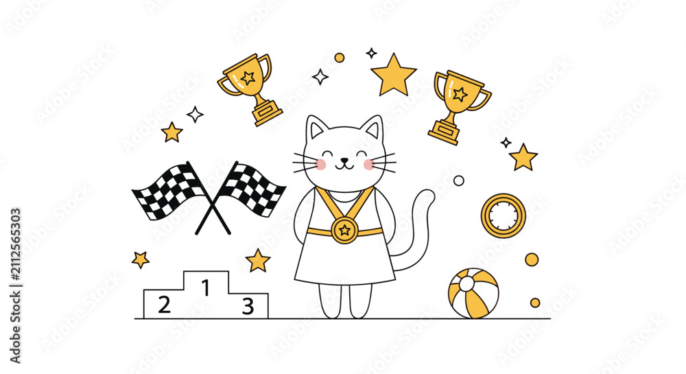 Obraz premium Adorable cartoon cat winner standing next to a championship podium surrounded by gold cups and racing flags.