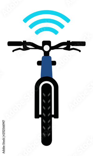 Sleek minimalist electric bicycle icon with wireless signal, front view, isolated on white, modern smart technology concept