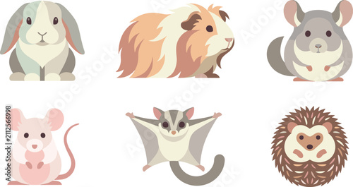 Bild auf Leinwand Flat vector illustration set of small pets featuring rabbit guinea pig chinchill