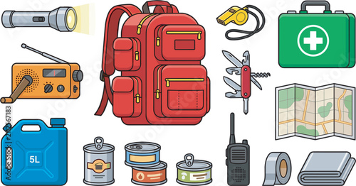 Emergency Survival Kit Equipment Vector Set with First Aid Supplies, Backpack, Flashlight, Radio, Map, Multi Tool, and Outdoor Essentials