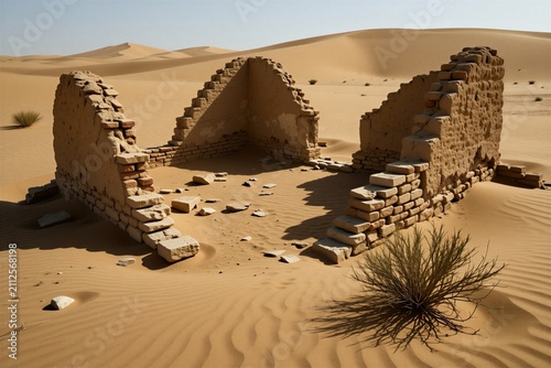 Ancient stone ruins stand in vast sandy desert landscape under bright sun. Weathered brick walls remain from derelict building abandoned in dry dunes. Historical site shows decay of old structure