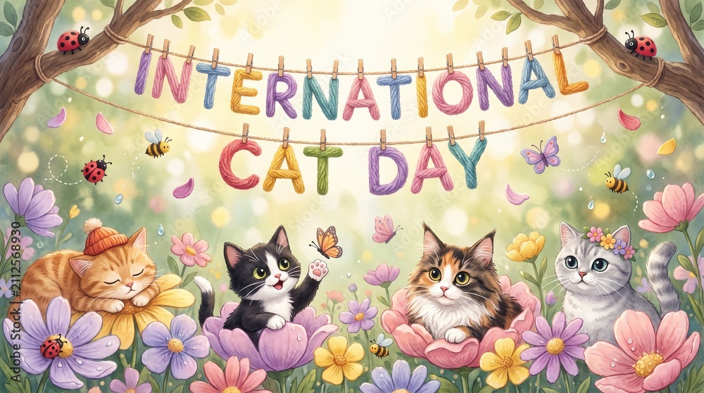 Fototapeta premium Digital illustration of International Cat Day banner featuring kittens in a spring garden with colorful flowers and yarn typography. Ideal for holiday greeting cards, social media posts, and web.