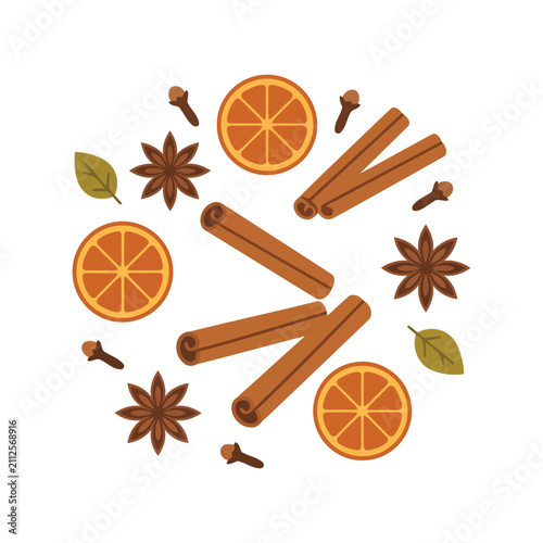 Autumn spices and orange slices pattern. Seasonal ingredients for winter holiday cooking.