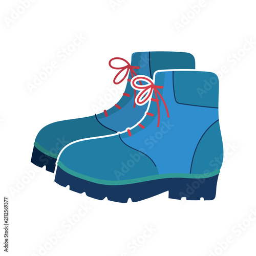 Hand drawn flat vector illustration of a pair of teal hiking boots with red laces on a white background.