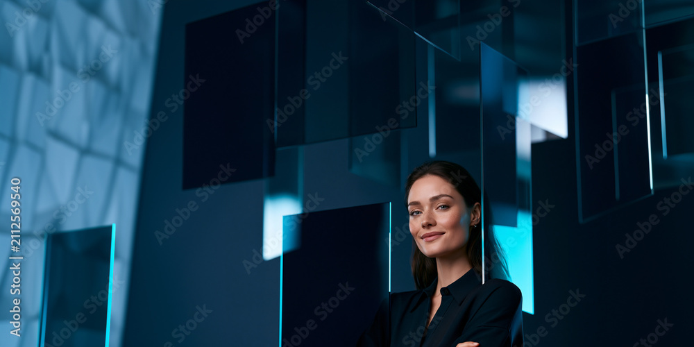 Fototapeta premium corporate portrait of professional woman framed by modern glass geometry, professional businesswoman portrait for modern digital learning service, confident woman in contemporary corporate setting 