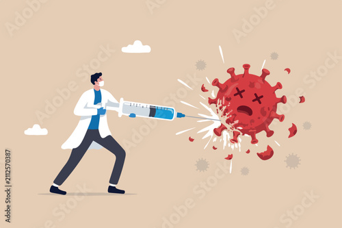 COVID-19 vaccine discovered and test, result of Coronavirus vaccination research concept, doctor or medical staff using syringe to injecting vaccine into COVID-19 pathogen successfully kill it