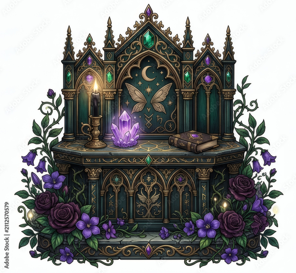 Fototapeta premium Gothic Altar Shrine with Glowing Purple Crystal Candle Grimoire and Dark Roses Isolated on White Background